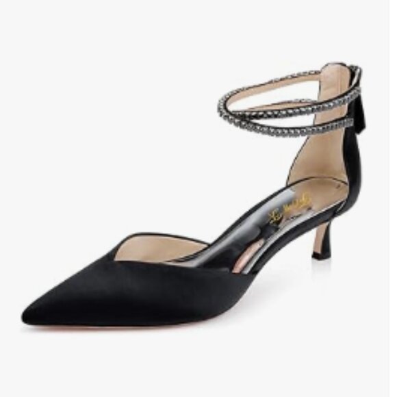 FOWT Black Pointed Toe Rhinestones Ankle Strap Sandals Kitten Heel D'Orsay Pumps - Picture 1 of 8